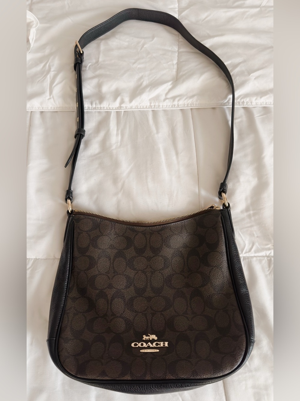Coach Signature Canvas Crossbody Hobo Brown Black Leather Trim Adjustable Strap